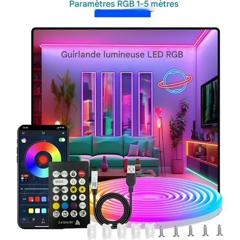 Ruban Néon LED RGB USB 5M – Bande Flexible en Silicone 60 LEDs/m, Contrôle Bluetooth 2.4G et Synchronisation Musicale, DIY Ambiance Gaming, Streaming et Décoration – Emballage Blister (1/3)
