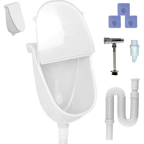Plastic Wall Mounted Urinal with Lid, No Drilling Male Wall Mounted Urinal with Splash Proof Lid, Drain Hose, Flush Valve and Rinse Nozzle for Home, Household (1/5)