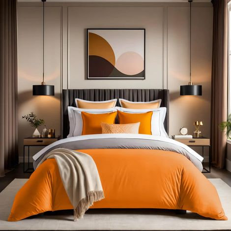 Housse de Couette Double (200 x 200 cm), 100% Coton, Orange - Fermeture à Bouton, Nombre de Fils 155 - Lavable en Machine à 30 °C - Doux et Durable (1/5)