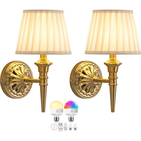 Applique de chevet sans fil, alimentée par piles, recouverte de tissu et télécommandée RVB, idéale pour les hôtels, les couloirs et les chambres. Couleur cuivre - Lot de deux - avec ampoules tricolore