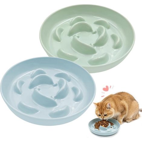 Lot de 2 Gamelle Anti Glouton Chat en Mélamine 16cm Gamelles pour Chats Anti-Vomissement Bol Chien Chat Alimentation Lente avec Antidérapant pour Croquettes et Pâtées-Bleu Ciel + Vert fève (1/5)