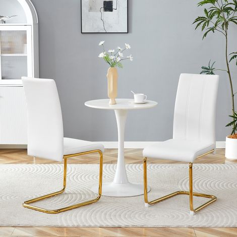 Silla de comedor de metal y PU blanco con detalles dorados, elegante y fácil de limpiar,54.5×43×99cm (1/5)