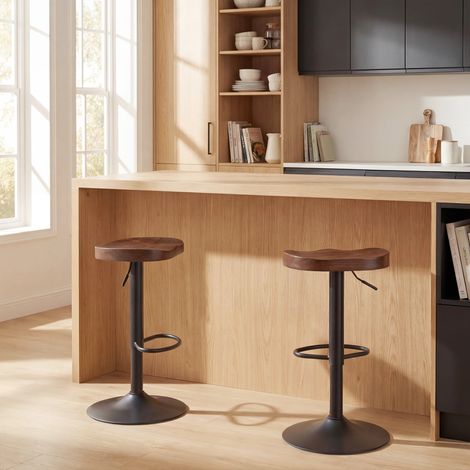Tabourets de Bar Lot de 2 Réglables Pivotants Chaises de Cuisine avec Siège en Bois d'Orme Marron Foncé (1/5)