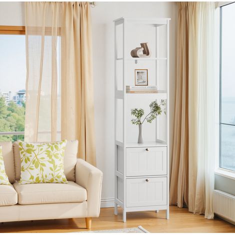 Meuble de salle de bains colonne étroite moderne blanc en MDF 40 x 30 x 160 cm avec 2 tiroirs et 3 étagères (1/5)