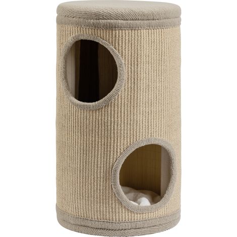 Fudajo Forest Tour à griffer pour chat jaune-couleur chameau, hauteur 61 cm, Ø 35 cm, Arbre à chat tonneau avec coussin et 2 entrées, Griffoir