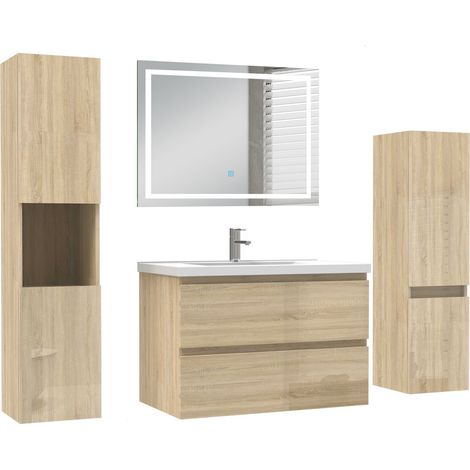 Ocean Ensemble de Meuble de salle de Bain 79cm Chêne Haut Brillant avec Miroir LED, colonne 110 cm+131.5cm