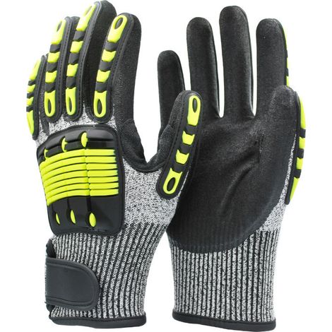 Deux gants de travail jaunes taille L, résistants aux coupures, à l'abrasion, aux chocs, aux impacts et aux perforations. (1/5)