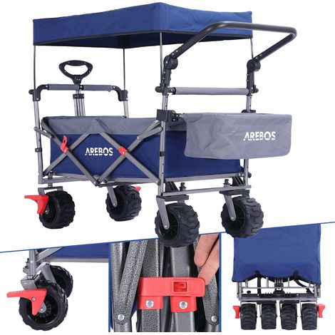 AREBOS Bollerwagen faltbar mit Dach  Luxus Handwagen mit 3-Punkt Gurtsystem  Faltwagen  Transportwagen  XXL Tasche  klappbar  bis 100 kg  Gerätewagen  360° Vorderräder  Inkl.Tragetasche Blau