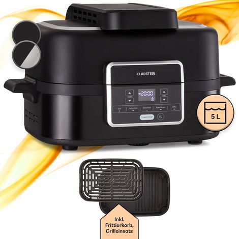Klarstein 2-in-1 Heißluftfritteuse mit Grill, Airfryer mit Schnellaufheizung 1500W, XL Heissluftfriteuse, Luft Frieuse zum Frittieren, Heißluftfritteuse + Zubehör, Grillplatte, Frittierkorb, Timer, 5L