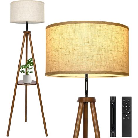 Lampadaire Trépied, Moderne Dimmable Lampadaires avec Télécommande et Commande Tactile, 4 Températures de Couleur, 1H Minuterie, Lampe sur Pied en Bois avec Abat-jour en Lin pour Chambre, Salon