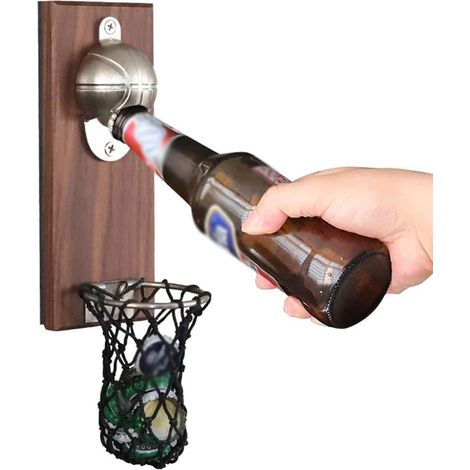 Décapsuleur mural avec aimant pour bouteilles de bière, panier de basket en bois, décor réfrigérateur, filet de poche