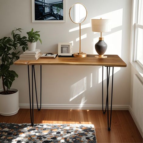 Table basse rectangulaire en bois massif de 108 cm, style industriel, avec pieds en métal épingle à cheveux.