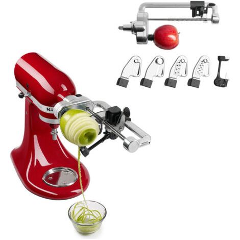 KitchenAid Spiralschneider, 5-teiliges Schäler-Set mit Schalen-, Kern- und Schneideaufsatz, Silber MUMU