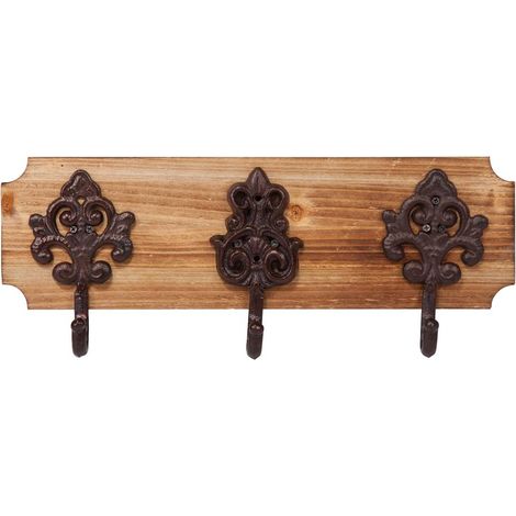 Percha de pared de madera y metal 3 ganchos marrón 40x13x10 (1/2)
