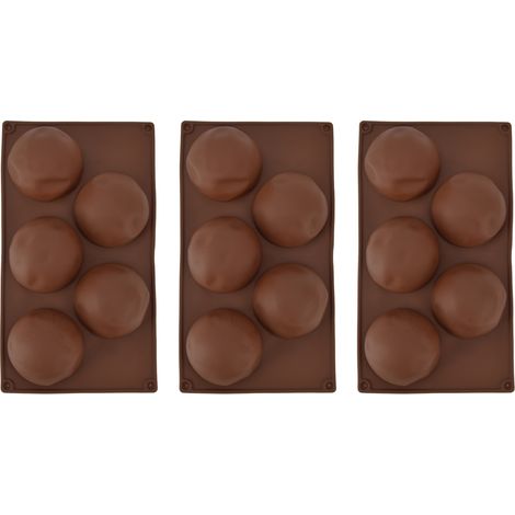 Ensemble de 3 moules à pâtisserie ronds en silicone de qualité alimentaire, comportant 5 cavités pour chocolats, biscuits et pâtisseries. (1/5)