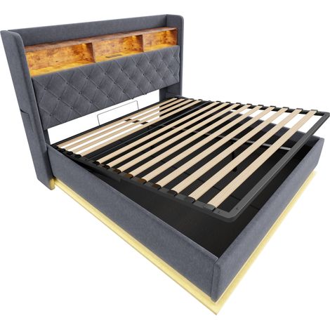 LED-Polsterbett 180 x 200 cm grau mit USB-Anschluss und hydraulischem Stauraum (1/5)
