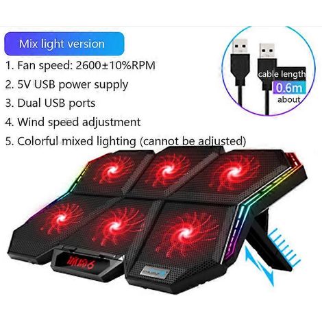 Refroidisseur pour ordinateur portable de jeu RGB 12-17 pouces, support de refroidissement à six ventilateurs avec écran LED, support de refroidissement pour ordinateur portable avec deux ports USB (B (1/5)