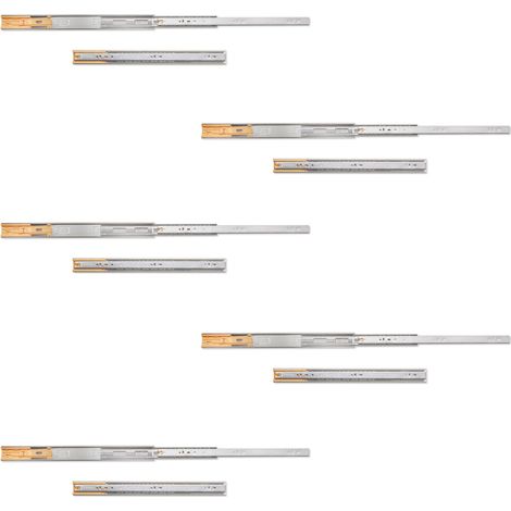 Emuca Lote de 5 juegos de guías para cajones, de bolas, altura 45mm, profundidad 450mm, extracción total, cierre suave, Cincado -