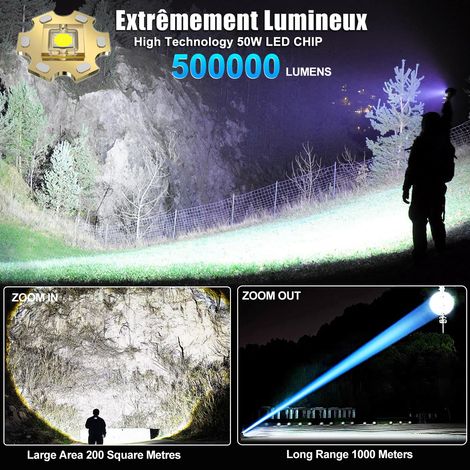Torcia LED ultra potente, torcia ricaricabile da 500000 lumen, potenti torce da 5000 mAh, zoombar impermeabile IP65 per campeggio, escursioni di emergenza