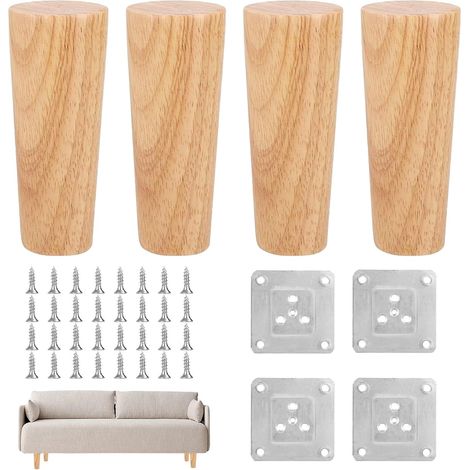 Set mit 4 runden Möbelbeinen aus Holz, 15 cm, inklusive Montageplatten und Schrauben, auch als Ersatz-Sofabeine geeignet. (1/5)