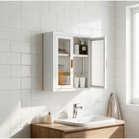 Armadio pensile bagno 40x14x50 cm in metallo e acrilico bianco salvaspazio – MEUBLIV (1/5)