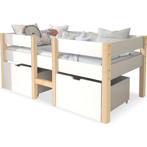 Lit enfant mi-hauteur avec tiroirs et barrière de sécurité, bois blanc, 90 x 190 cm, avec échelle, style scandinave gain de place pour chambre d’enfant CHICFURN (1/5)