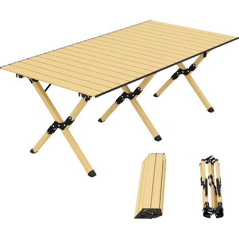 Table de camping pliable en aluminium 117 x 60 cm avec plateau en bois et sac de transport étanche (1/5)