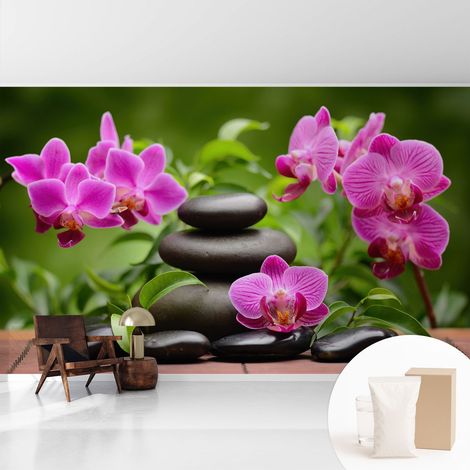 Fototapete Tapete Vliestapete mit Kleber Büro Wandgestaltung - Wanddekoration Wohnzimmer Orchideen und Steine 416x254 cm (1/5)
