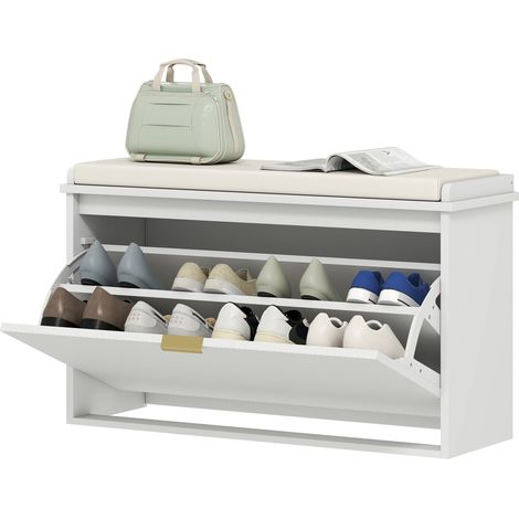 Banc à chaussures blanc 80 cm avec assise rembourrée, tiroir rabattable et étagère réglable – Meuble d'entrée ou chambre