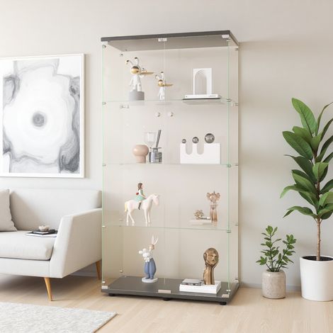 Vitrina de cristal con dos puertas y cuatro estantes, ideal para objetos de colección, con cerradura, ideal para oficina y sala de estar, color negro. (1/5)