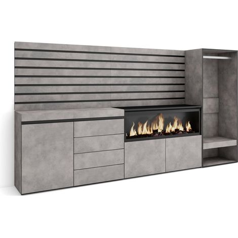 Skraut Home - Aparador, Con almacenamiento, 274x145x35 cm, Dormitorio, habitación, Chimenea eléctrica XXL, Cómoda, Cajonera, Vestidor abierto, Estilo Moderno, Gris Cemento (1/5)