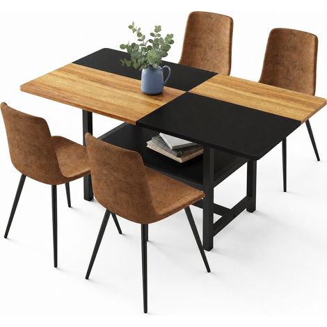 ELVMI Conjunto de Mesa y Sillas, 1 Mesa y 4 Sillas, Estante Integrado, Tejido Técnico, MDF y Metal, Marrón Negro (1/5)