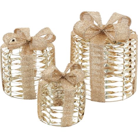 ECD Germany Juego de 3 Cajas de Regalo Doradas Decorativas para Árbol de Navidad con 135 Luces LED Blanco Cálido, Decoración Navideña de Interior Iluminada, con Pilas y Temporizador, Adorno de Alambre
