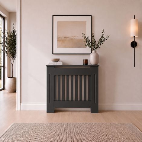 Radiator Cover Small Anthracite Grey Modern Vertical Slat MDF Cabinet with Display Shelf 780x815x190mm (1/5)