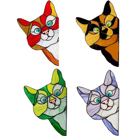 Lot de 4 stickers chats rigolos, déco autocollante chat coloré, réutilisable pour voiture, salon, chambre, rideaux personnalisés (1/5)