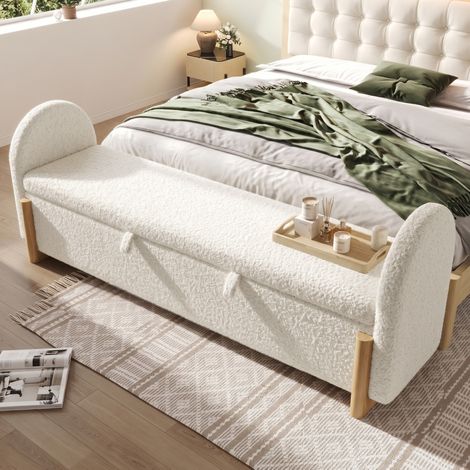 Cassapanca 186 cm con sollevamento idraulico e chiusura soft-close, rivestita in bouclé bianco, gambe in legno (1/5)