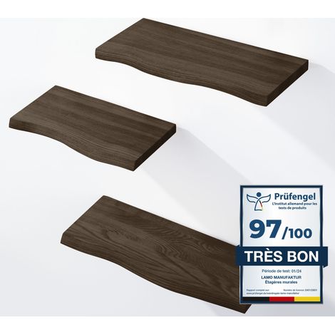 Étagère murale en bois massif 3 étagères – Fixation invisible – Dimensions 42/36/30cm – Bord irrégulier – Couleur noir – Lamo Manufaktur