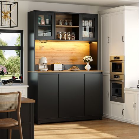 MODFU – Credenza cucina 120x40x180 cm in MDF e metallo con LED multicolore, ante in acrilico, vano rifiuti, portata 60 kg e 2 colli – Nero (1/5)