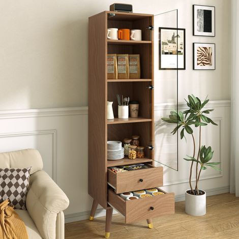 Armoire haute 39,8x35x160 cm, vitrine avec porte vitrée et étagères réglables, meuble de rangement avec 2 tiroirs,MDF, Naturel (1/5)