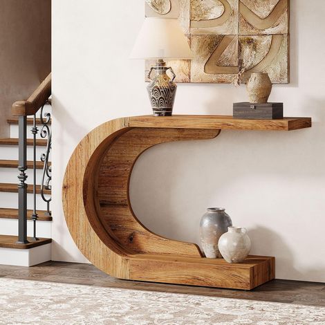 Tribesigns Mid-Century - Consolle in legno a C per corridoio, soggiorno, ingresso, foyer, facile da montare, nero, 110 x 35 x 75 cm (marrone naturale) (1/5)