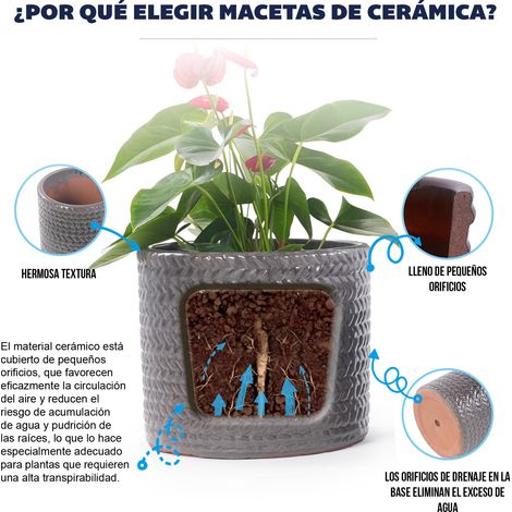 Pot de fleur en céramique individuel Ø17,5 cm, gris brillant à relief chevrons, respirant avec trou de drainage pour mini plantes grasses et herbes de bureau (1/5)
