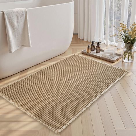 Tapis de bain bicolore gaufré – 46×77 cm, super absorbant, antidérapant, lavable machine (marron/blanc) (1/5)