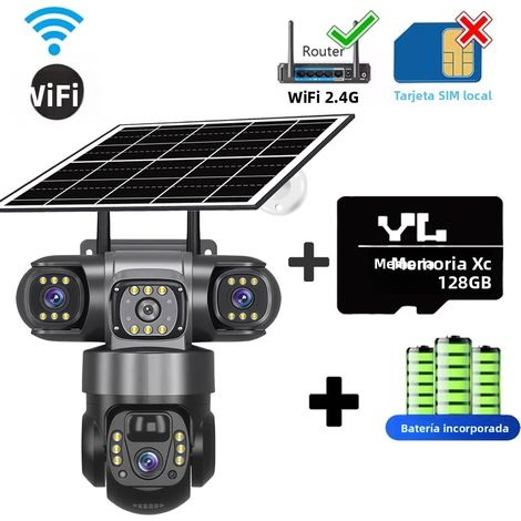 (Carte 128G) Caméra de sécurité, 3 objectifs, WiFi, énergie solaire, vision nocturne HD, alarme. (1/5)