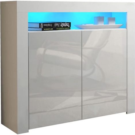 Dusine – Buffet bahut brillant 107 cm – Caisson blanc mat – Portes brillantes – Éclairage LED intégré – Design moderne pour intérieur élégant (1/3)