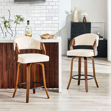 Set de 2 tabourets de bar avec dossier bois et tissu blanc (1/5)