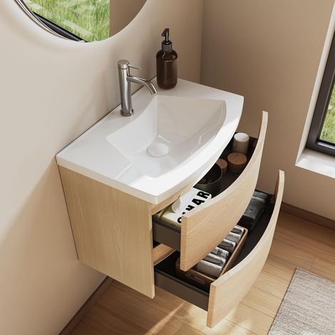 Meuble De Salle De Bain 60 cm avec Vasque en Fonte Minérale – 2 Tiroirs À Fermeture Amortie, Gain De Place, Idéal pour WC Invités, Golden Sand (1/5)