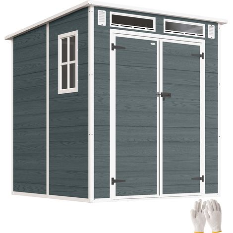 Abri de jardin - Outsunny - double porte, 3 fenêtres, 2 aérations, anti-UV avec plancher - résine - 182 x 182 x 196 cm - gris