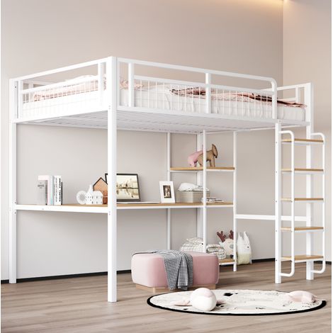 Cama alta infantil 140x200 cm con escritorio y estantes, blanca, metal, sin colchón FloraGrace (1/5)