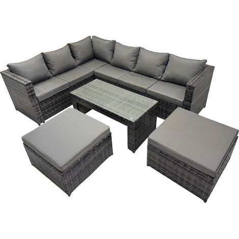 Fimous 5 Pieces Outdoor PE Rattan Garden Furniture Corner Sofa Oblong Coffee Table Set with Cushions 2 Big Footstools Dark Grey Mixed (1/5)