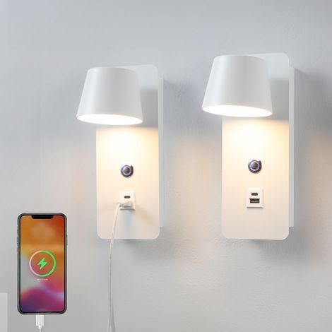 Set 2 Lámparas de lectura LED para cabecero con carga USB, atenuación táctil de 7,5 W, ideales para la decoración interior del hotel en casa, blanco (1/5)